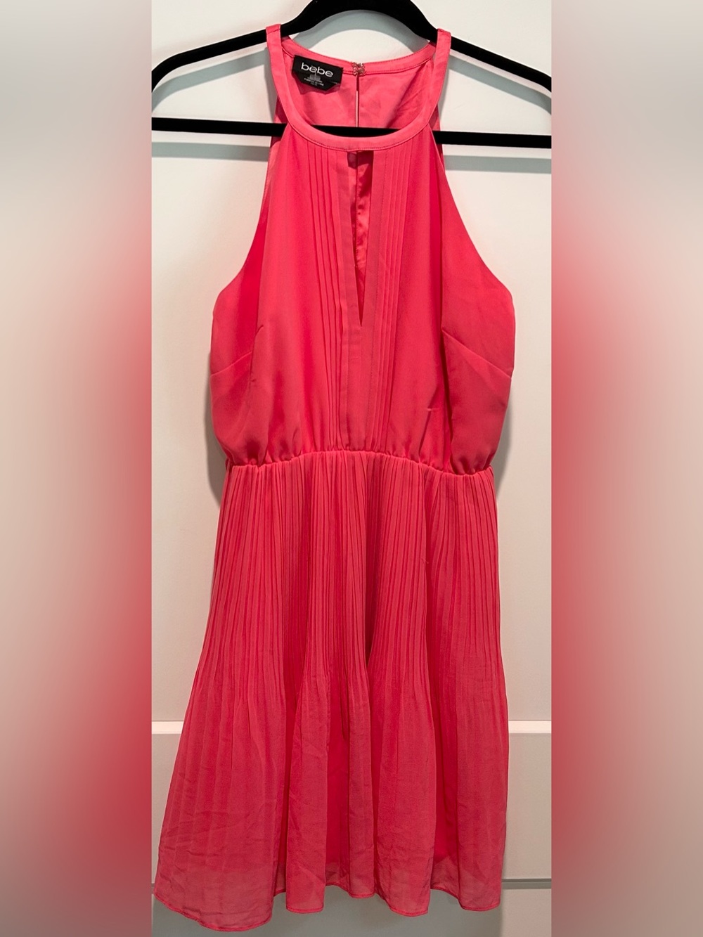 Bebe Coral Pink Pleated Halter Dress XS Fit & Flare Cocktail Party Mini - Picture 3 of 10